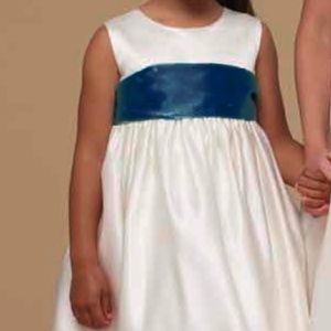 US Angels Flower Girl Satin Blue Sash Dress 3T Off White
